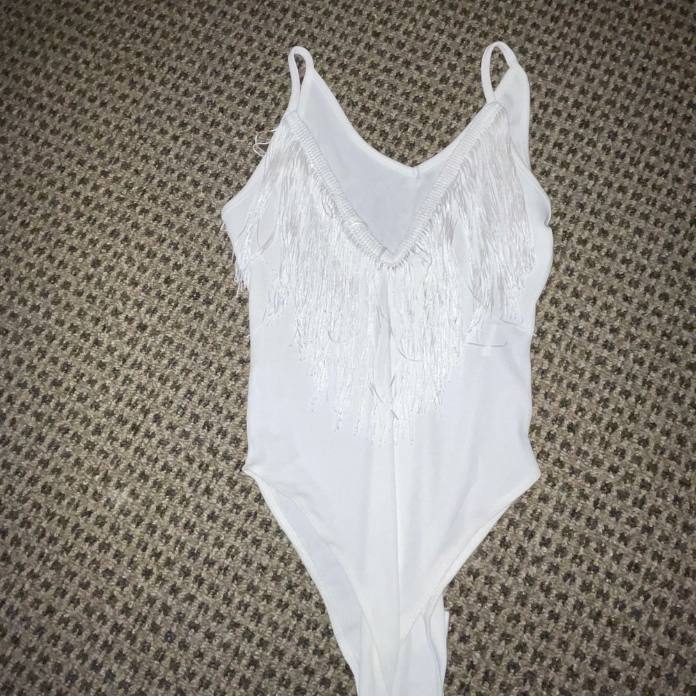 White Shein Fringe Bodysuit